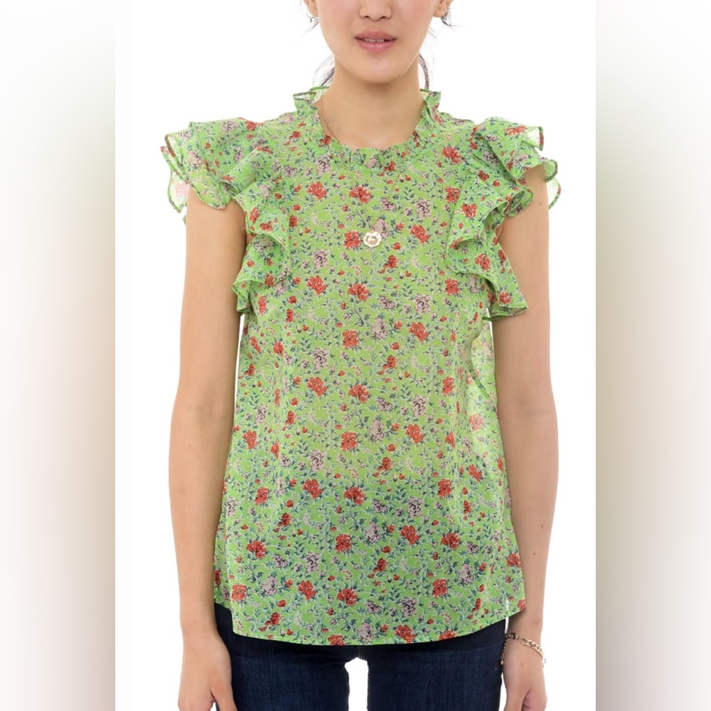 Banjanan Klara Top Siesta Bud Green 100% Organic Cotton Blouse Flutter Sleeve M